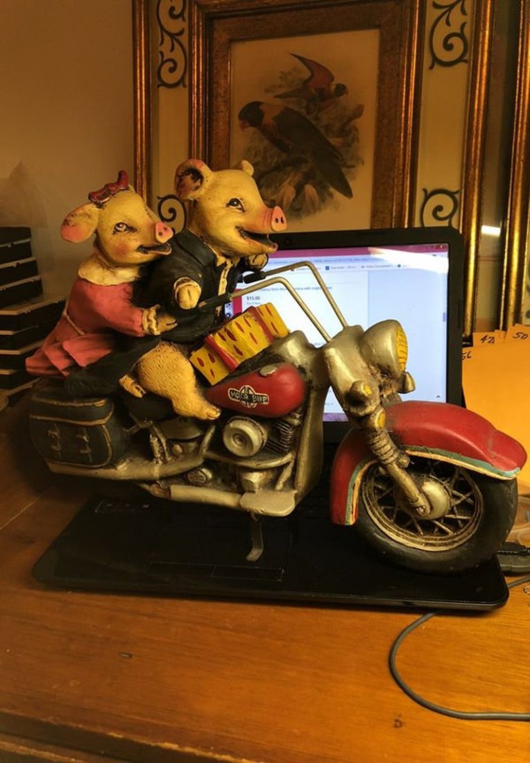 Vintage Paper Mache Pigs Riding Motor Bike 17.5” Long (1 of 9)
