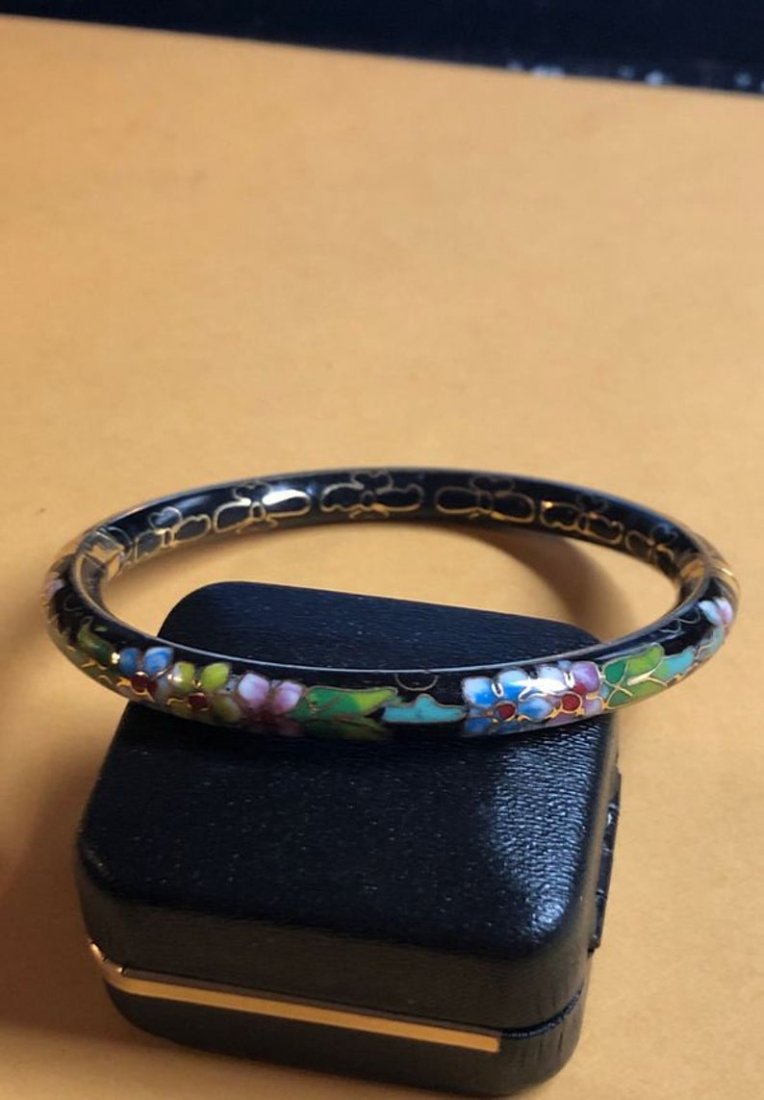 Vintage Hinged Asian Cloisonné Metal Bangle Bracelet (1 of 6)