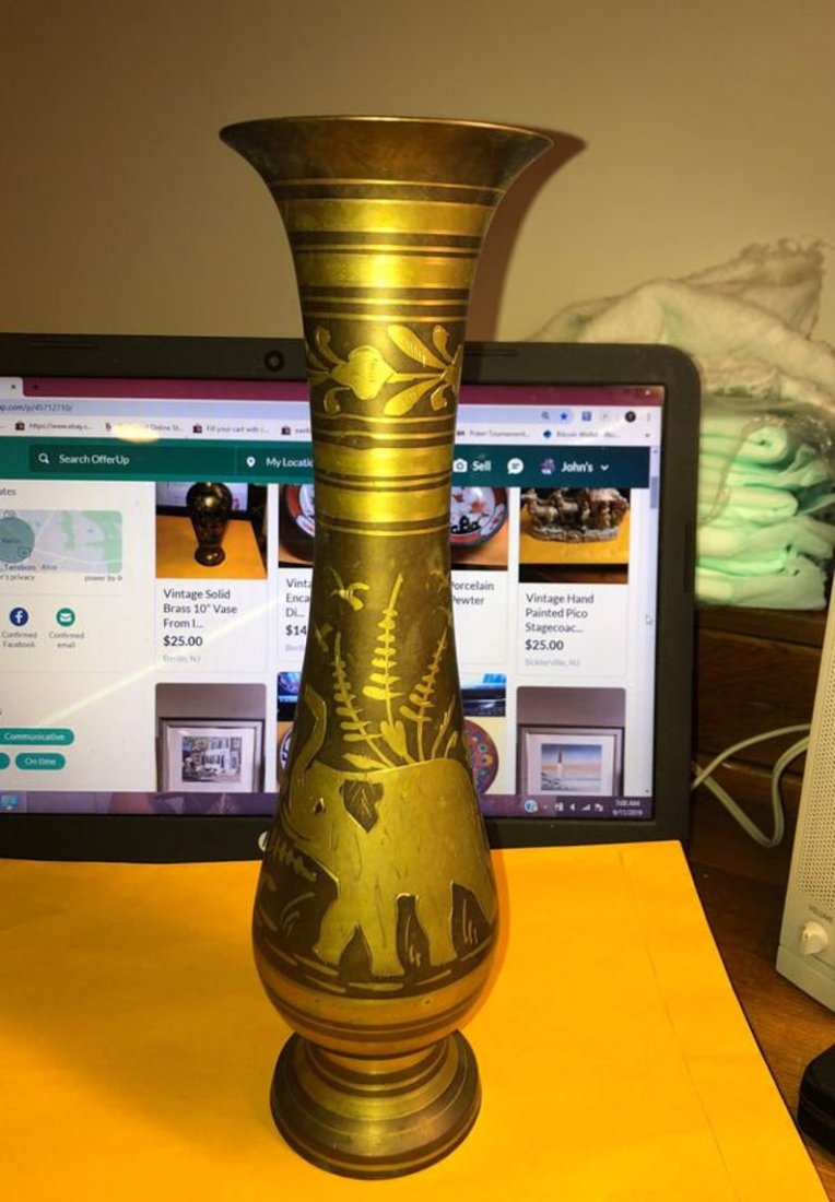 Vintage Solid Brass 11-1/2” Tall Etched Elephant Vase (1 of 7)