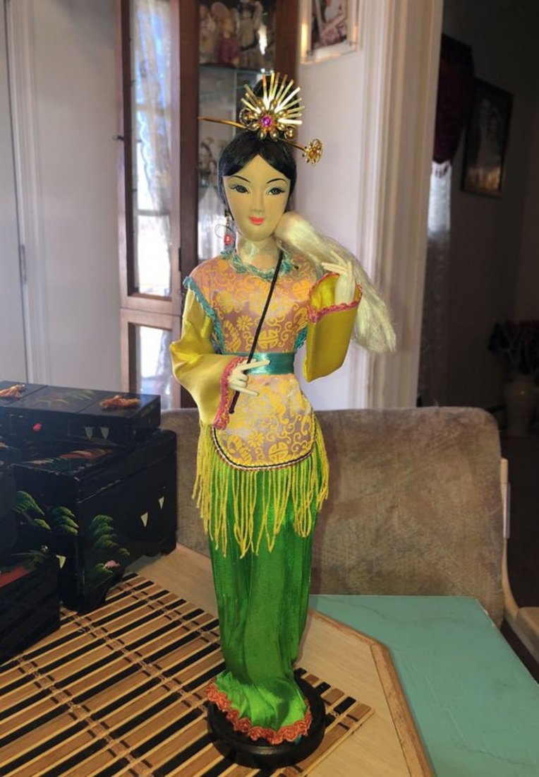 Vintage Asian 16” Tall Paper Mache Silk Doll with Lathe (1 of 7)