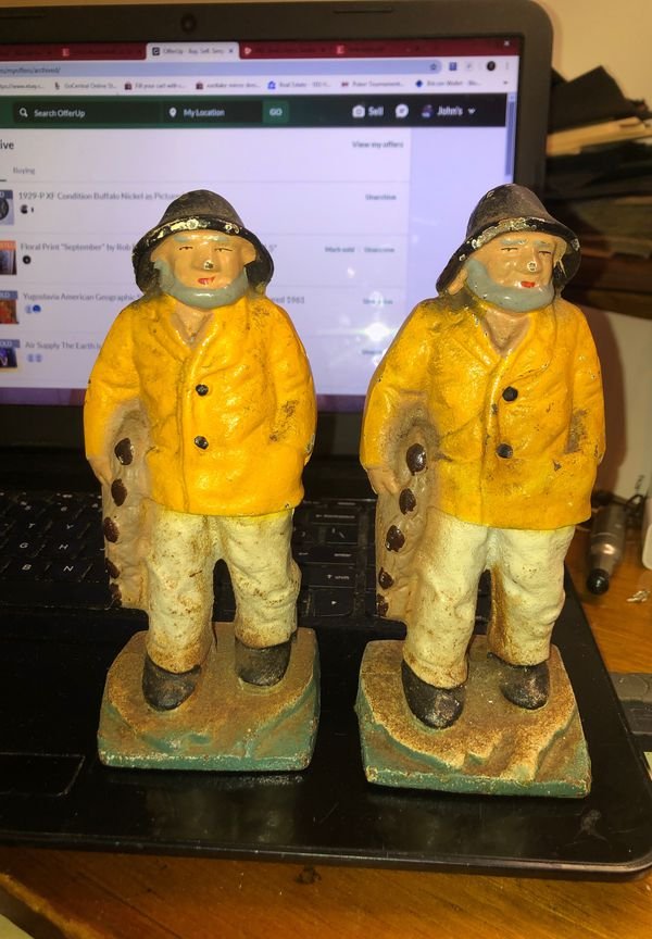 Vintage HUBLEY Cast Iron “Old Salt” Bookends In Good..: Vintage HUBLEY Cast Iron Â“Old SaltÂ” Bookends In Good Condition as Pictured 6.5Â” Tall. No Reserve Bid & No Buyers Premium. Shipping $15.00 Payment Forms Accepted; Bank Wires(Routing & Accou