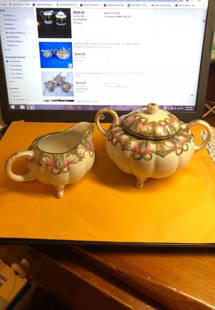 Antique Japanese Nippon Hand Painted Sugar and Creamer: Antique Japanese Nippon Hand Painted & Footed Sugar and Creamer Set Preowned From an Estate In Vg Condition. No Reserve Bid & No Buyers Premium. Shipping $12.00 Payment Forms Accepted; Bank Wires(Rout