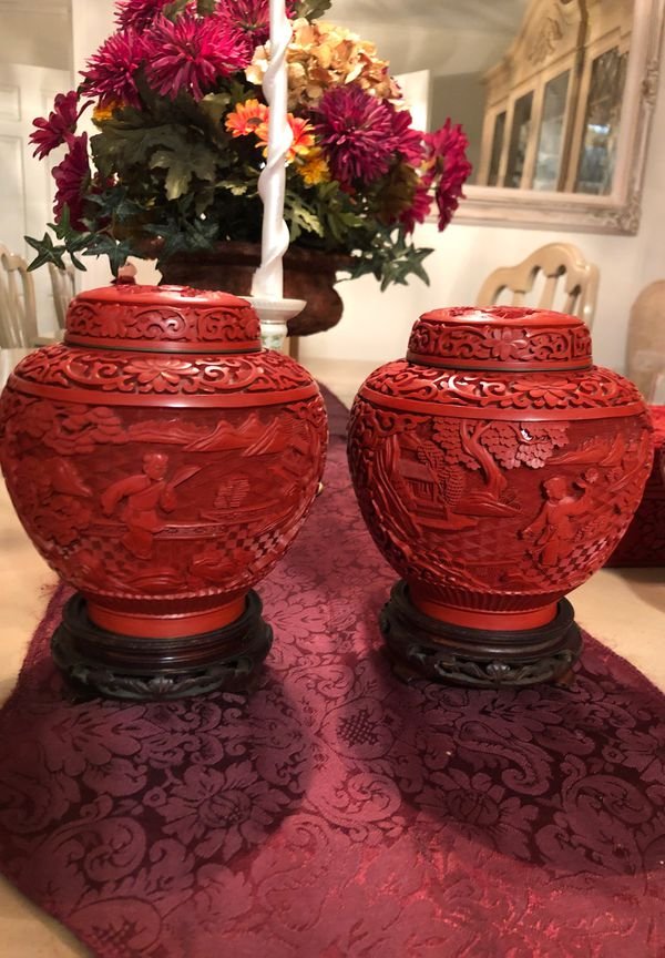 Vintage Pair of Carved Cinnabar Covered Ginger Jars (1 of 9)