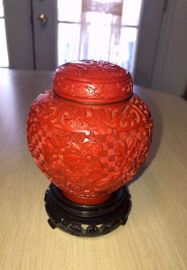 Vintage Carved Cinnabar Ginger Jar 5-1/4” Tall (1 of 6)