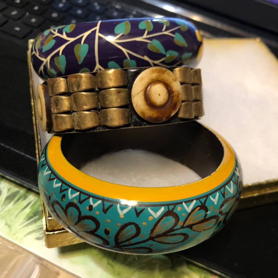 3 Bangle Bracelets 2-Wooden Hand Painted & 1-Metal... (1 of 4)