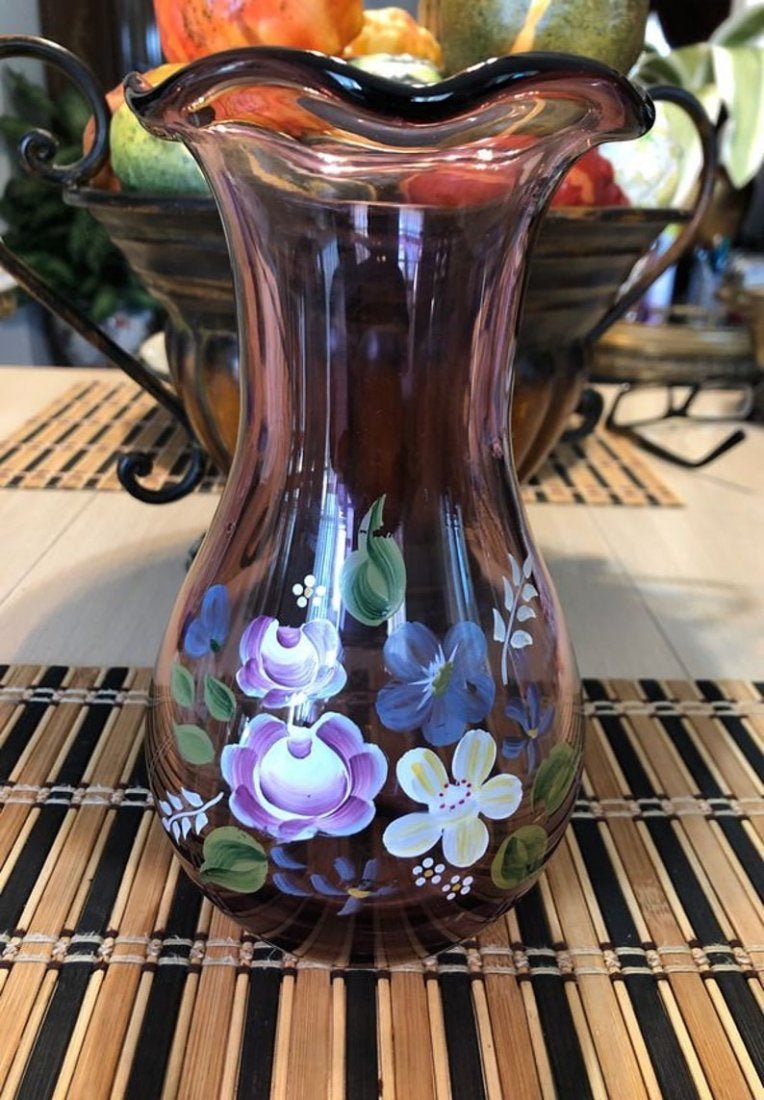 Vintage 8” Tall Hand Painted Amethyst Glass Vase.... (1 of 4)