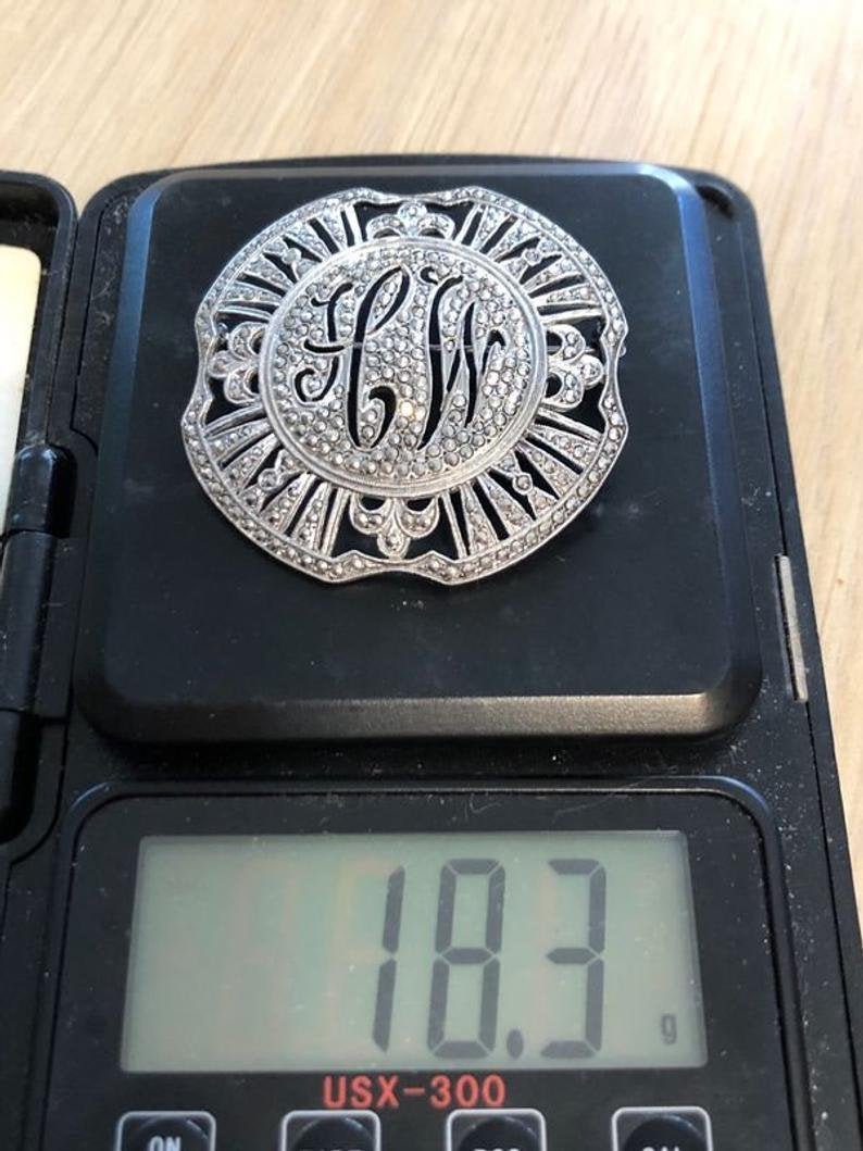 Vintage Monogrammed Sterling Silver Marcasite Pin In Vg: Vintage Monogrammed Sterling Silver Marcasite Pin In Vg Condition 18.3 Grams TW Preowned. No Reserve Bid & No Buyers Premium. Shipping $5.00