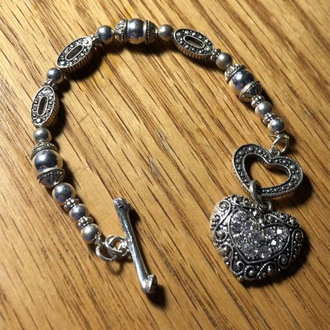 Estate White Metal 7" Toggle Bracelet w/Heart Charm... (1 of 4)