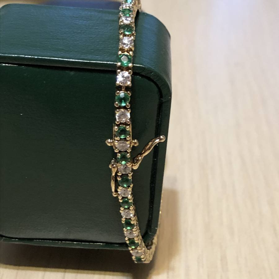 Estate Sterling Silver Goldtone CZ Tennis Bracelet...: Estate Sterling Silver Goldtone Green & White Stone Tennis Bracelet Size 7.5" Preowned in Very Good Condition as Pictured. Shipping $5.00