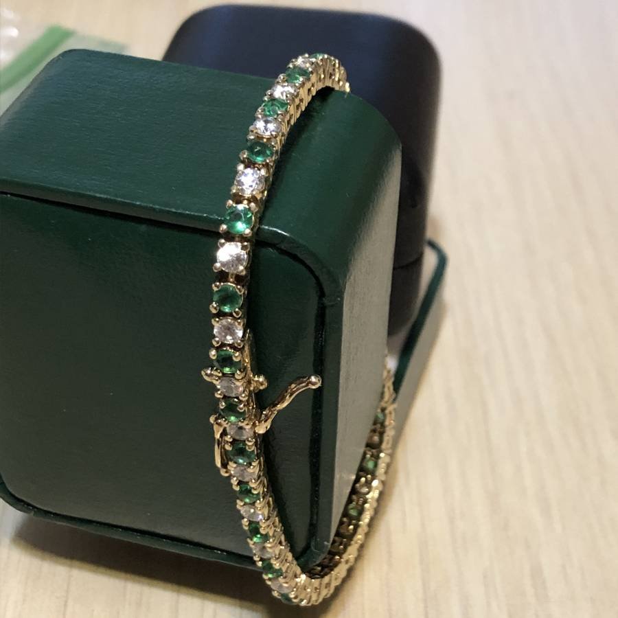 Estate Sterling Silver Goldtone CZ Tennis Bracelet...: Estate Sterling Silver Goldtone Green & White Stone Tennis Bracelet Size 7.5\" Preowned in Very Good Condition as Pictured. Shipping $5.00