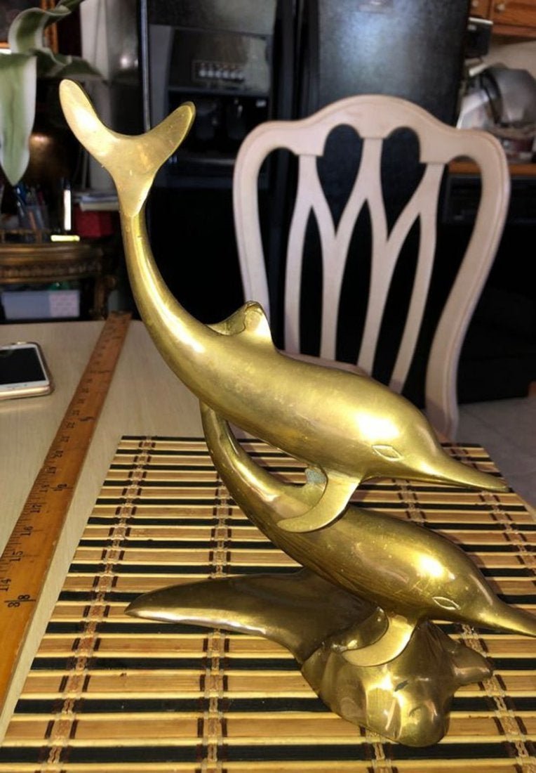 Vintage Preowned Brass Swimming/Stacking Dolphins 10”: Vintage Preowned Brass Swimming/Stacking Dolphins 10” Tall Preowned from Estate. No Reserve Bid & No Buyers Premium. Shipping $12.00