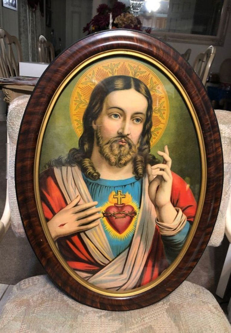 Vintage/Antique Tiger Wood Frame Sacred Heart Litho... (1 of 3)