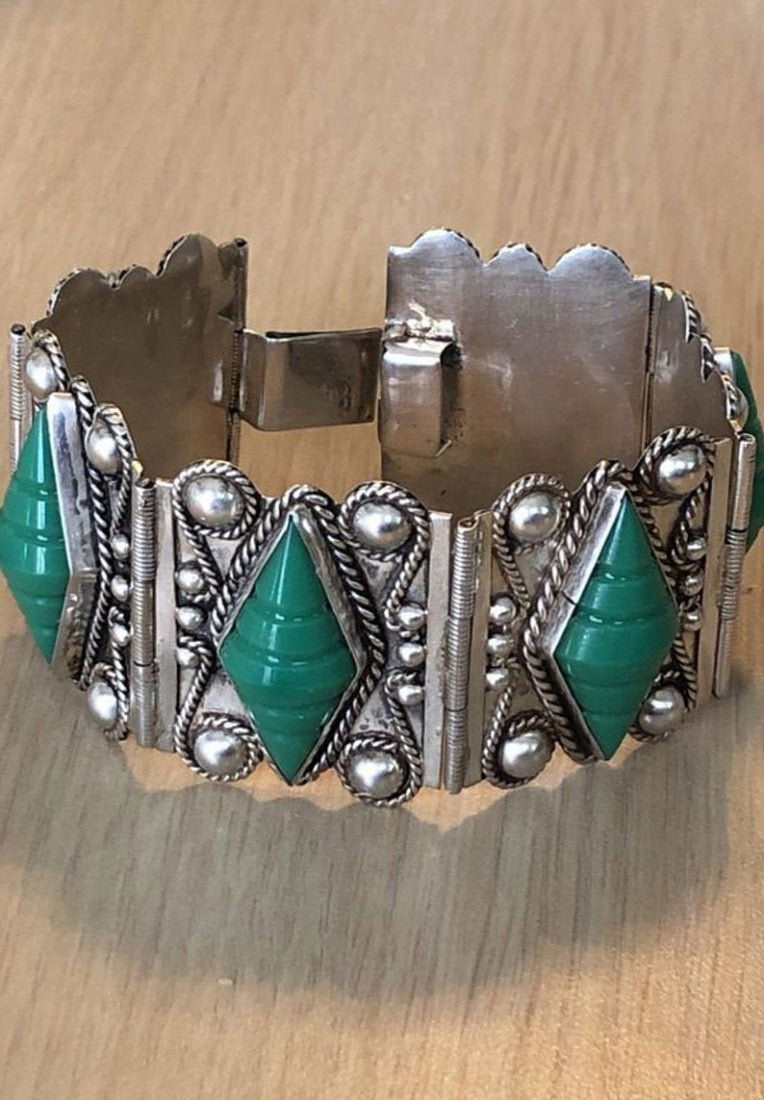 Vintage Taxco Jade Agate Sterling Silver Bracelet 7-1/2 (1 of 9)