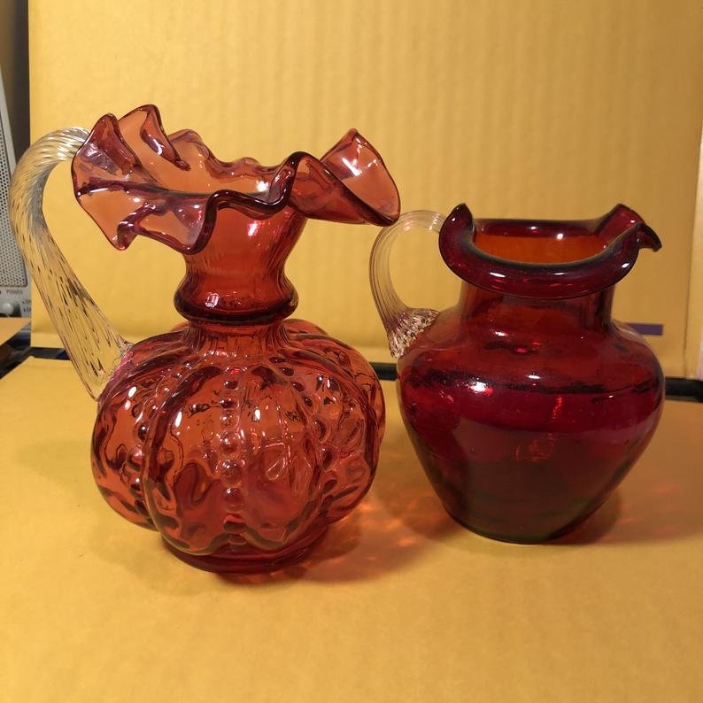 2 Vtg Hand Blown Ruby Glass Creamer Pitchers Preowned (1 of 6)