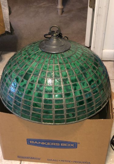 Vintage Hand Made Leaded Glass Swag Light with Chain...: Vintage Hand Made Leaded Glass Swag Light with Chain 16” Diameter From Estate Cleanout. Preowned from Estate. 1 Small Glass Paine has a Hairline Crack. Great Vintage Piece ready to Hang. Pick Up Onl