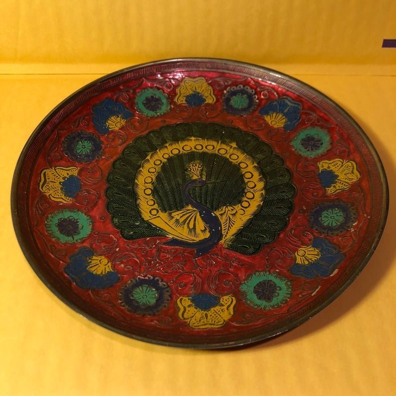 Vintage Solid Brass Enameled Peacock 8-1/2" Diameter... (1 of 4)