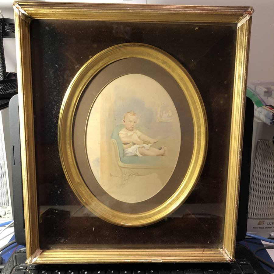 Victorian Era Baby Watercolor in 11" x 13" Shadow Box..: Victorian Era Baby Watercolor in 11" x 13" Shadow Box Signed by the Artist "BENDANN" Preowned from an Estate. Watercolor Nicely Done. FREE DOMESTIC SHIPPING!