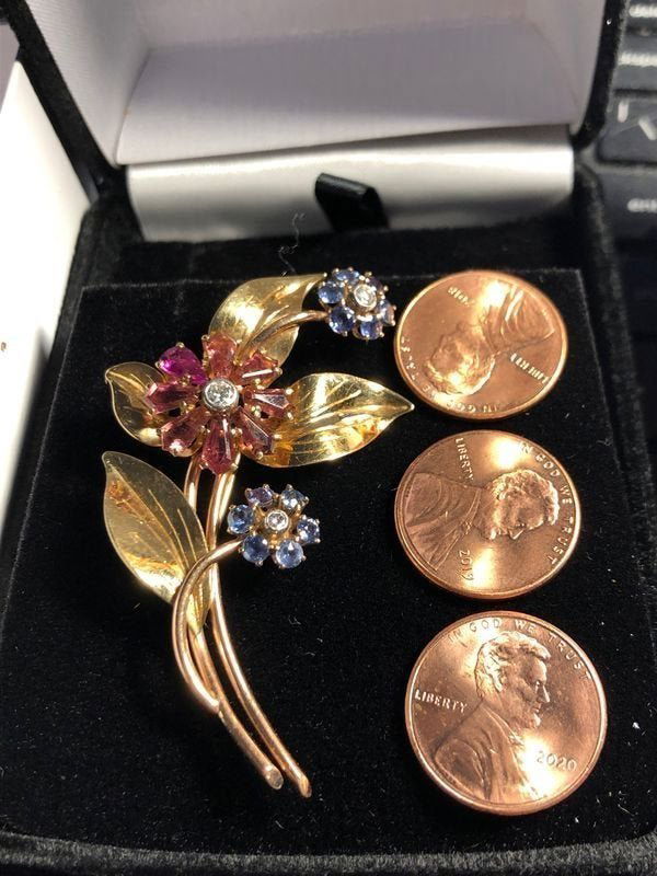 Superb 14k Sapphire, Ruby, & Diamond Vintage Flower Pin (1 of 7)
