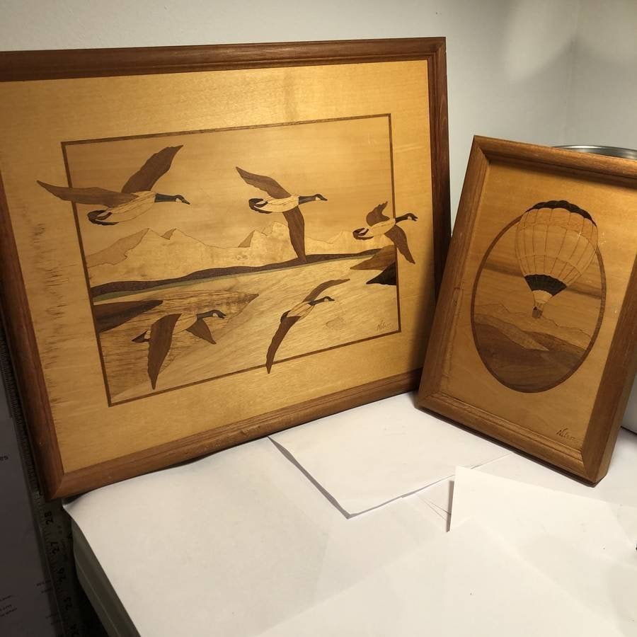 Vintage Pair of Jeff Nelson Inlay-ed Carved Wooden...: Vintage Pair of Jeff Nelson Inlay-ed Carved Wooden Artwork as Pictured Preowned from an Estate. (12.5" x 15.5" & 6.75" x 10") $15 DOMESTIC SHIPPING!