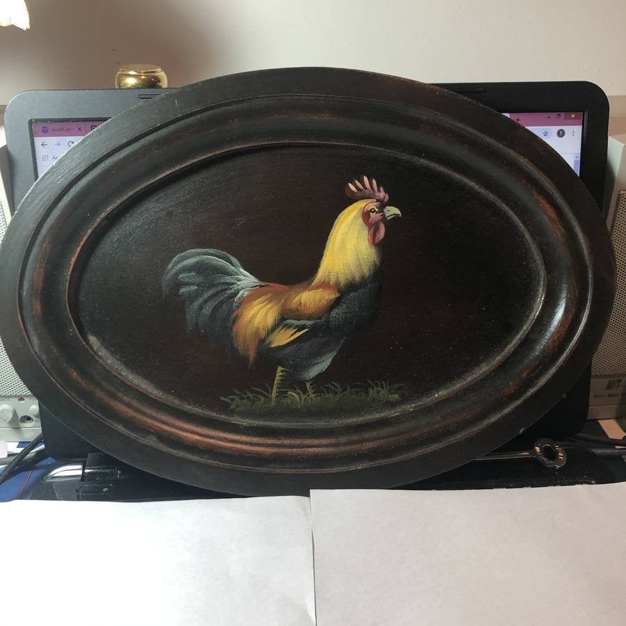 Hand-painted Rooster On Wooden Oval Tray 10.25" X 15".. (1 of 3)