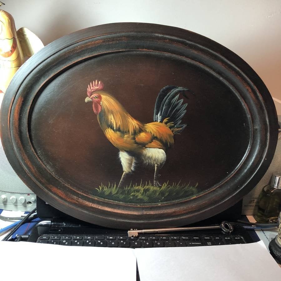 Hand-painted Rooster On Wooden Oval Tray 13.50 X 18.25" (1 of 3)