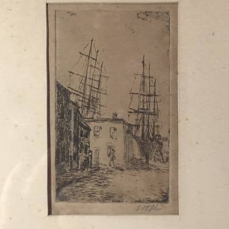 Early Drypoint Etching Clipper Ships Docked Pencil Sign (1 of 3)