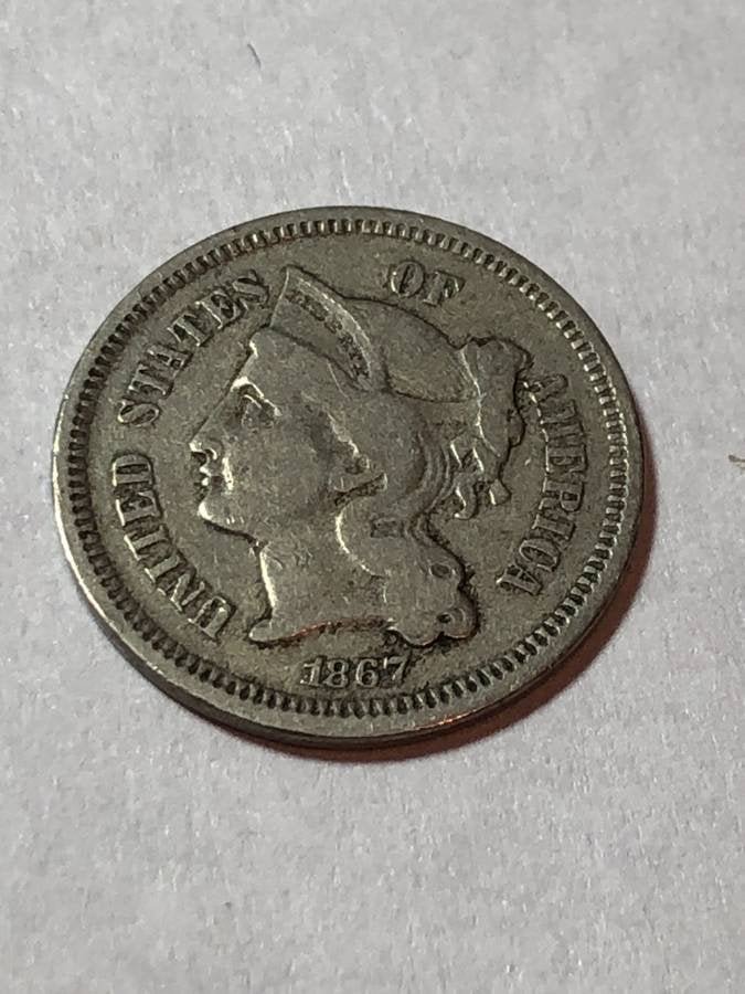 1867 CIRCULATED CONDITION THREE CENT NICKEL TYPE COIN.. (1 of 2)