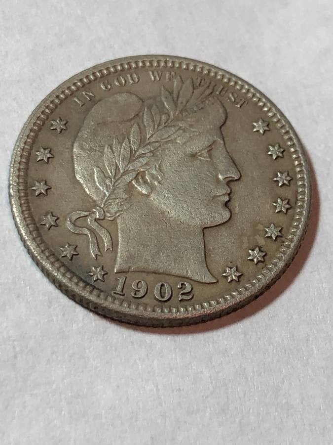 1902 EF CONDITION HARSHLY CLEANED BARBER QUARTER...: 1902 EF CONDITION HARSHLY CLEANED BARBER QUARTER AS PICTURED. $5 DOMESTIC SHIPPING.