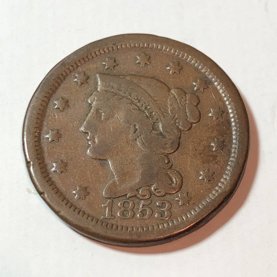1853 CIRCULATED CONDITION BRAIDED HAIR LARGE CENT... (1 of 2)