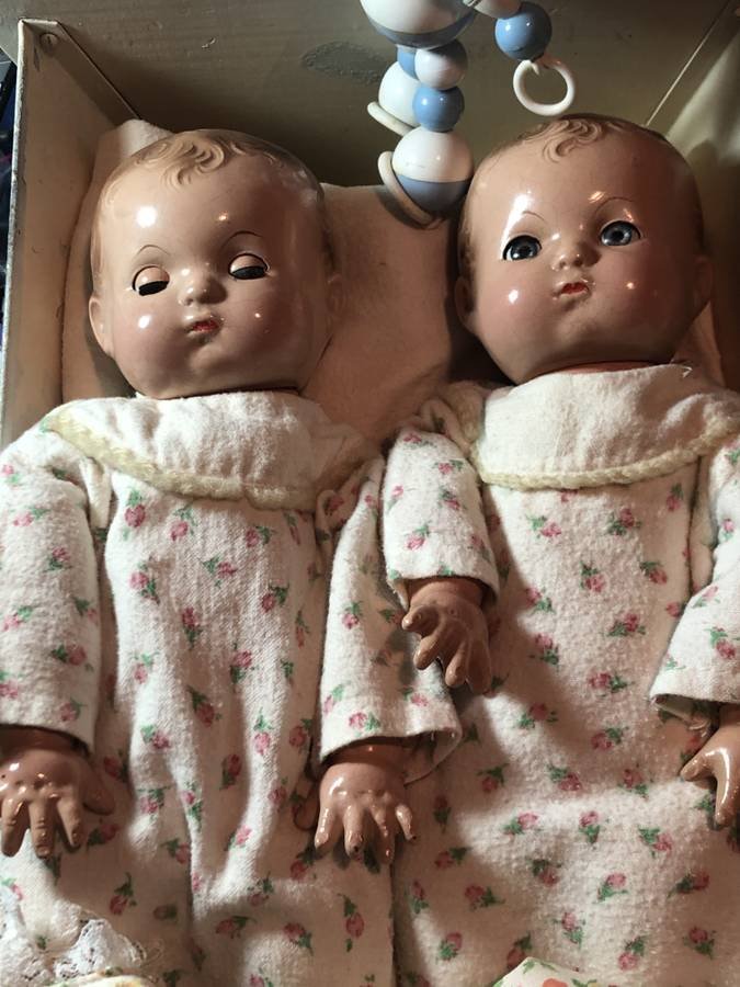 2-Early Effanbee Patsy Baby Dolls (Twins??) 12" Tall...: 2-Early Effanbee Patsy Baby Dolls (Twins??) 12" Tall in a Hand Made Rocker Bed along with Clothing Preowned from an Estate.(Good Condition) $25 Domestic Shipping.