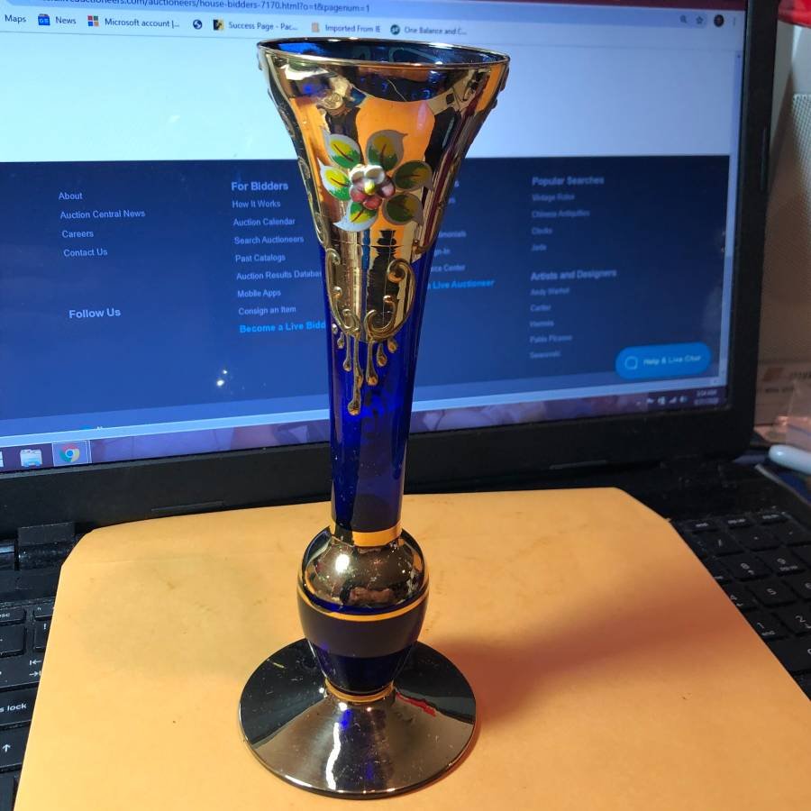 Bohemian Glass Cobalt Blue Bud Vase/Hand Painted Flower (1 of 6)