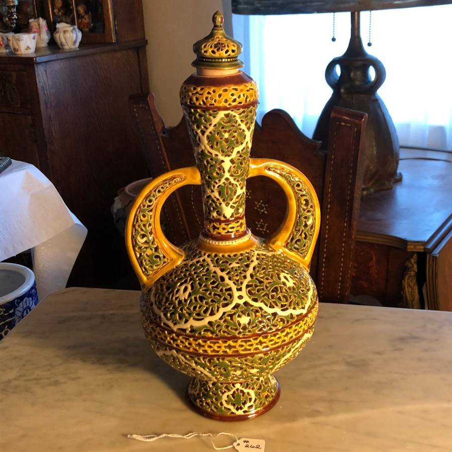 Scarce Zsolnay Pierced Vase 14.25\" Tall with Lid...: Scarce Zsolnay Pierced Vase 14.25\" Tall with Lid from an Estate in VG Condition as Pictured. Local Pickup or Shipment by UPS Store.