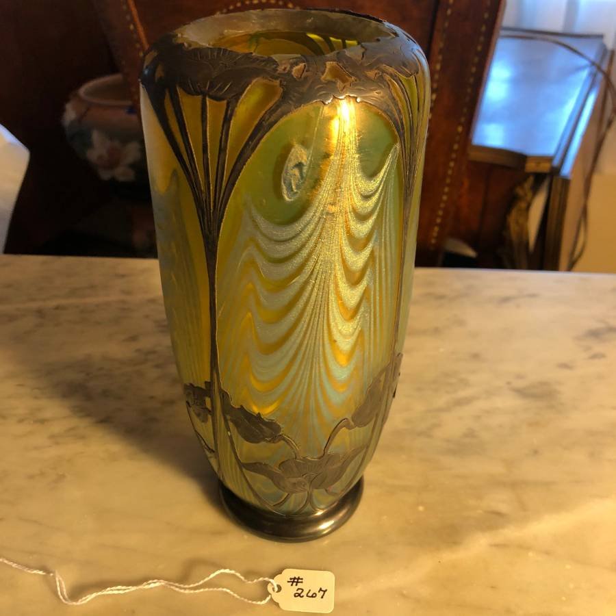 Scarce Hand Blown Silver Overlay Vase 8.25" Loetz? (1 of 7)