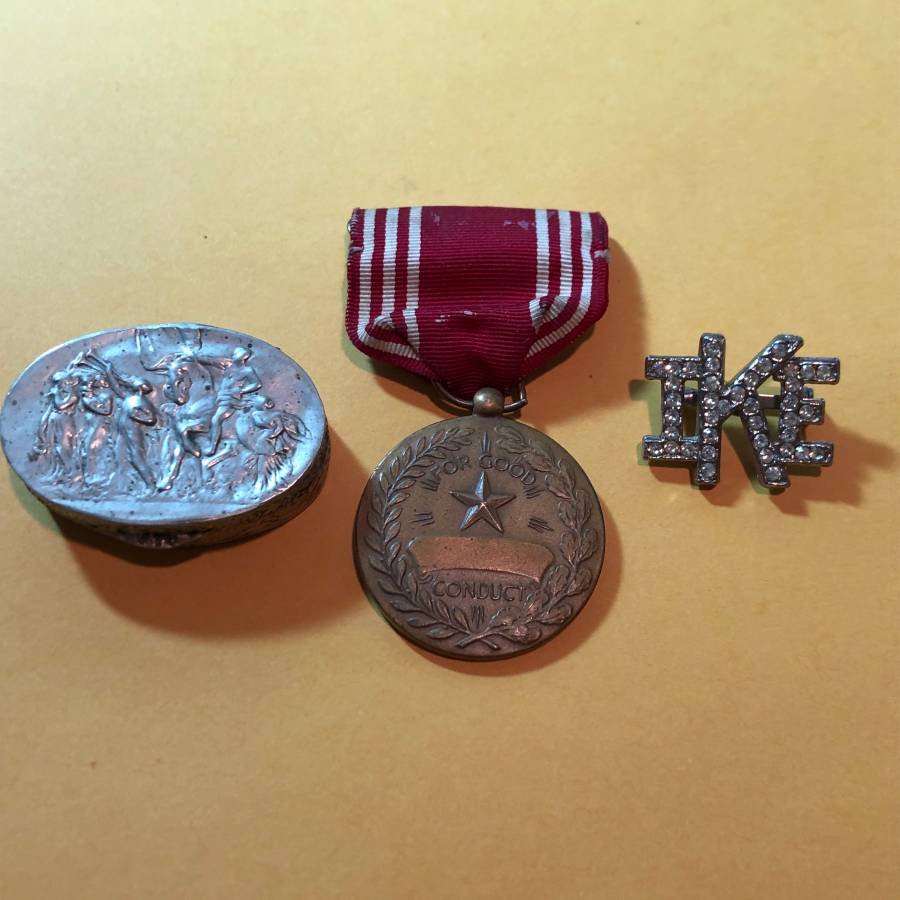 Vintage Military Medal, Ike Pin, & Pill Box as Pictured: Vintage Military Medal, Ike Pin, & Pill Box as Pictured. $5 Domestic Shipping.