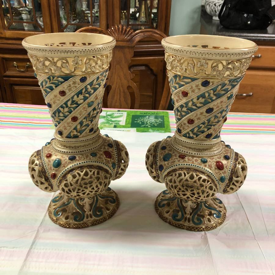 Scarce Pair Vintage Zsolnay 14" Vases Pierced as Pic'd: Scarce Pair of Vintage Zsolnay 14" Vases Pierced & Jeweled Preowned from an Estate in VG Condition as Pictured. Local Pickup or Shipment by UPS Store.