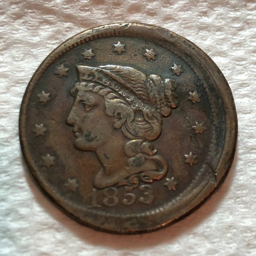 1853 CIRC. SLIGHTLY OFF-CENTER ERROR BRAIDED HAIR (1 of 2)