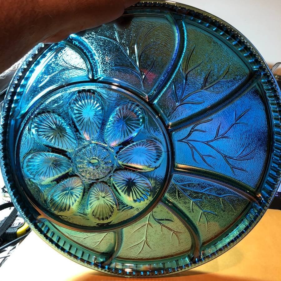 ELECTRIC BLUE CARNIVAL GLASS DEVILED EGG RELISH TRAY... (1 of 3)