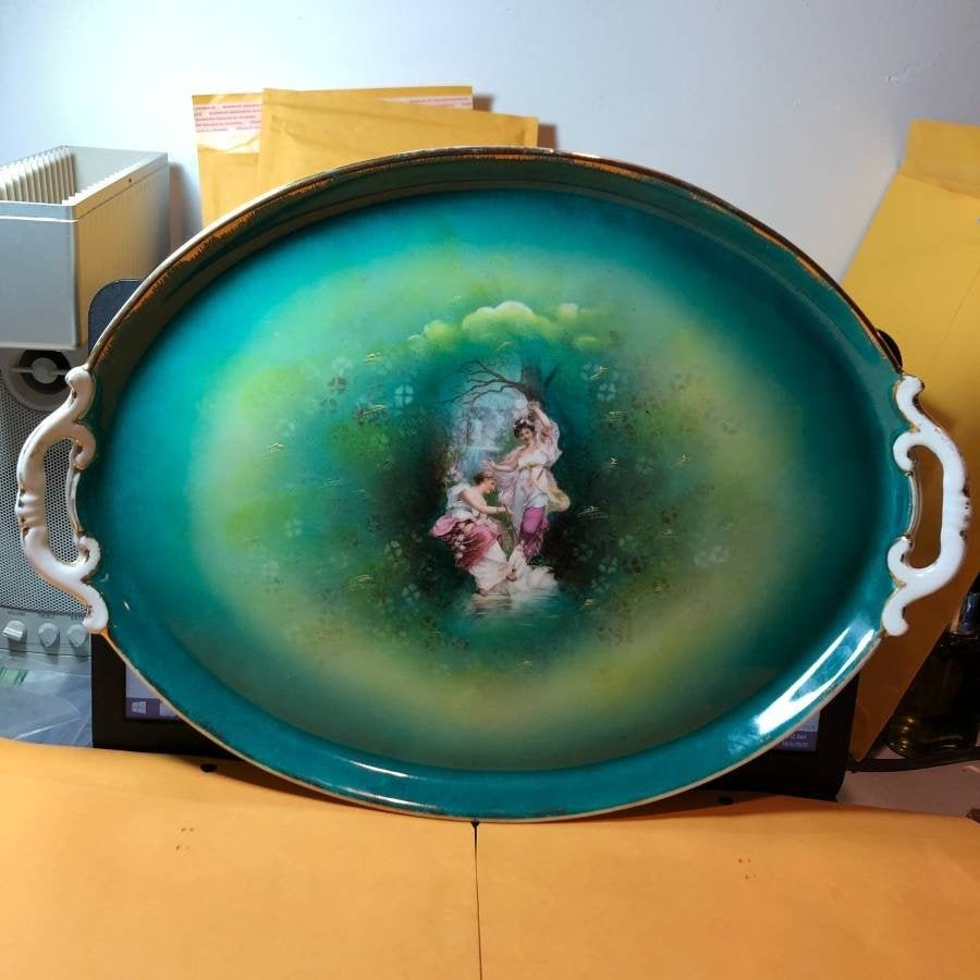 Antique Bavarian 16.5" Wide Green w/Yellow Haze Platter (1 of 4)