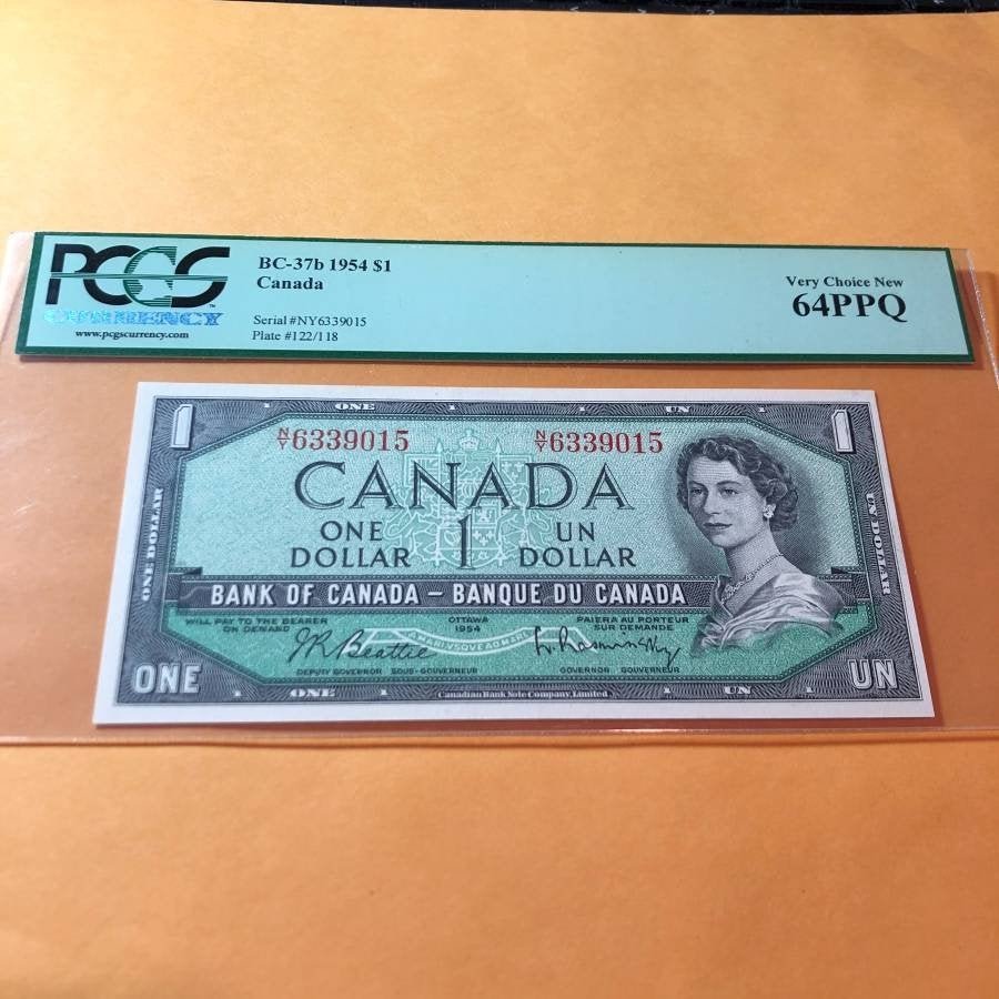 PCGS CERTIFIED CANADA $1 SERIES-1954 BC-37B SERIAL#.. (1 of 4)