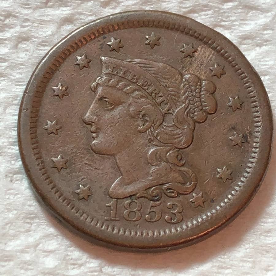 1853 VF CONDITION BRAIDED HAIR LARGE CENT AS PICTURED. (1 of 2)