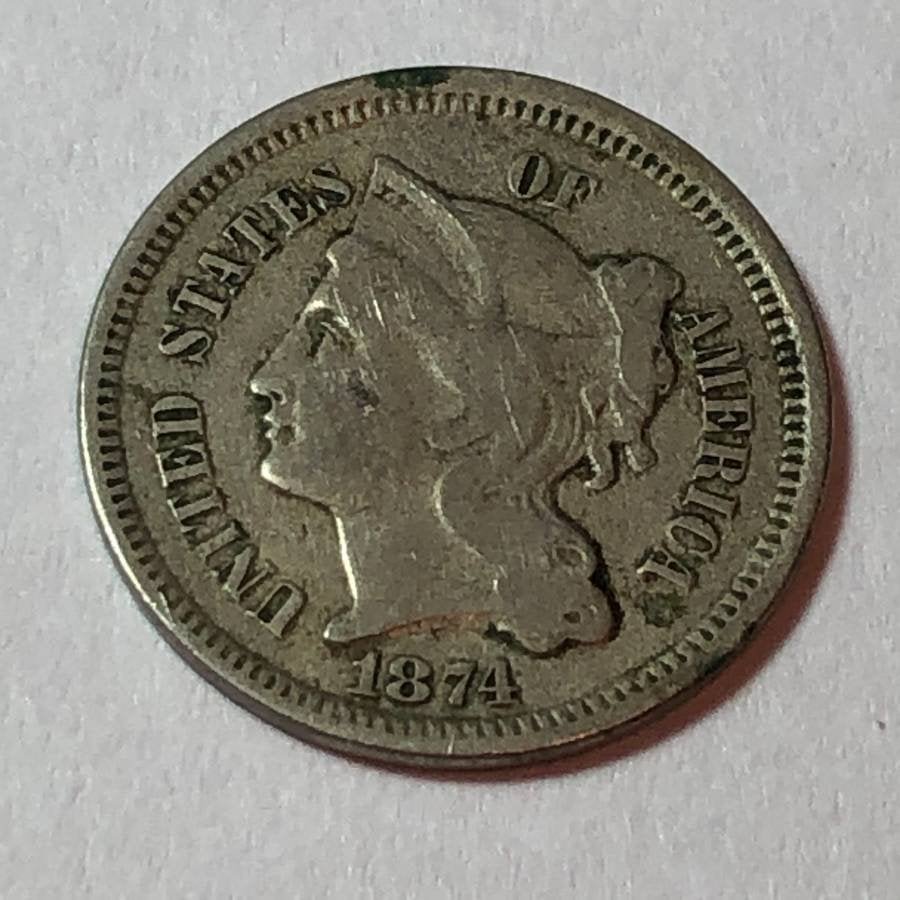 1874 FINE CONDITION THREE CENT NICKEL TYPE COIN... (1 of 2)