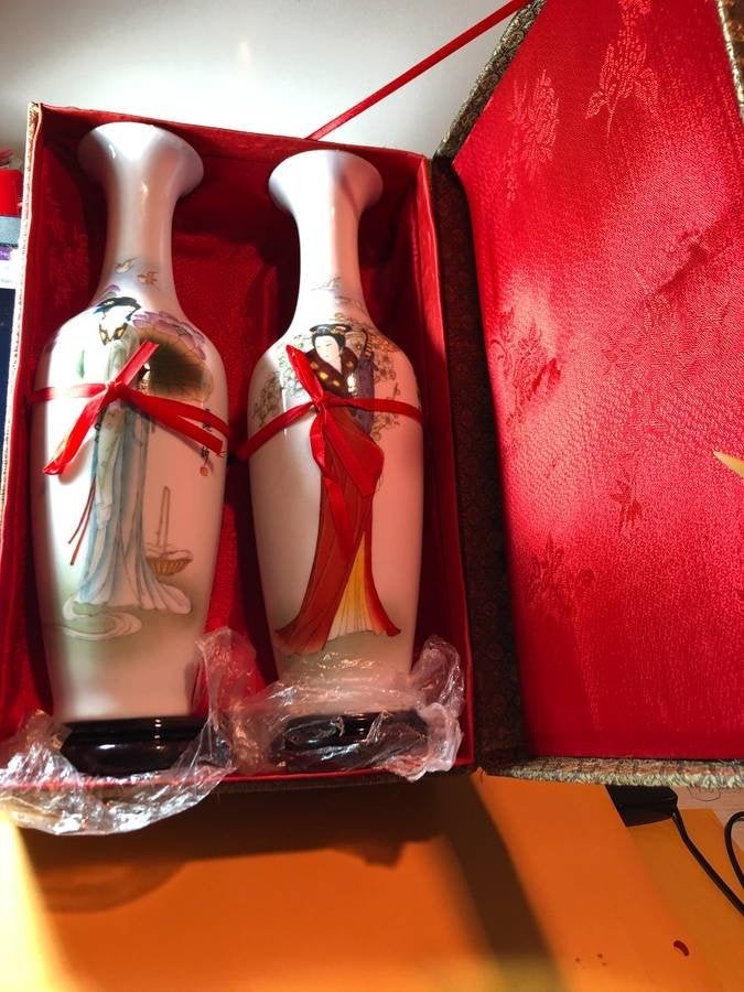 Vintage Asian 2-Vases 12.5" Tall Hand Painted Set... (1 of 6)