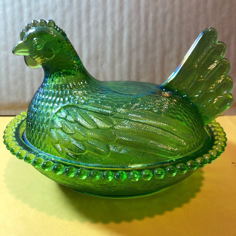 Vtg Indiana Glass 7" Hen on Nest Covered Trinket Dish: Vintage Indiana Glass 7" Hen on Nest Covered Trinket / Candy Dish Iridescent Green Color Preowned from an Estate. $15.00 Domestic Shipping.