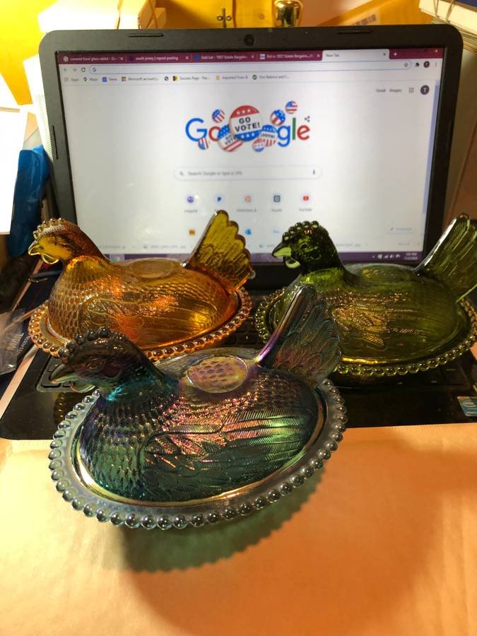 3-Vintage Indiana Glass 7" Hen on Nest Covered Trinket.: 3-Vintage Indiana Glass 7" Hen on Nest Covered Trinket / Candy Dish Iridescent Blue Color Preowned from an Estate. $15.00 Domestic Shipping.