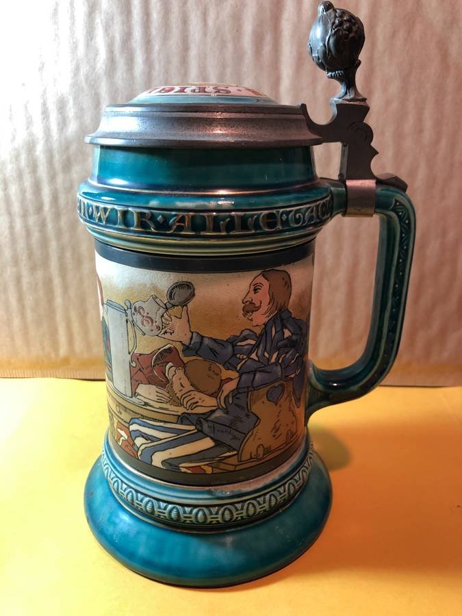 “Old German Drinkers” METTLACH #2044 Beer Stein...: “Old German Drinkers” METTLACH #2044 Beer Stein Preowned from an Estate in VG Condition as Pictured.(7.5" Tall to the Top of Lid) $20.00 Domestic Shipping. Catalog No. 2044Pottery, etched, 0.5L, i