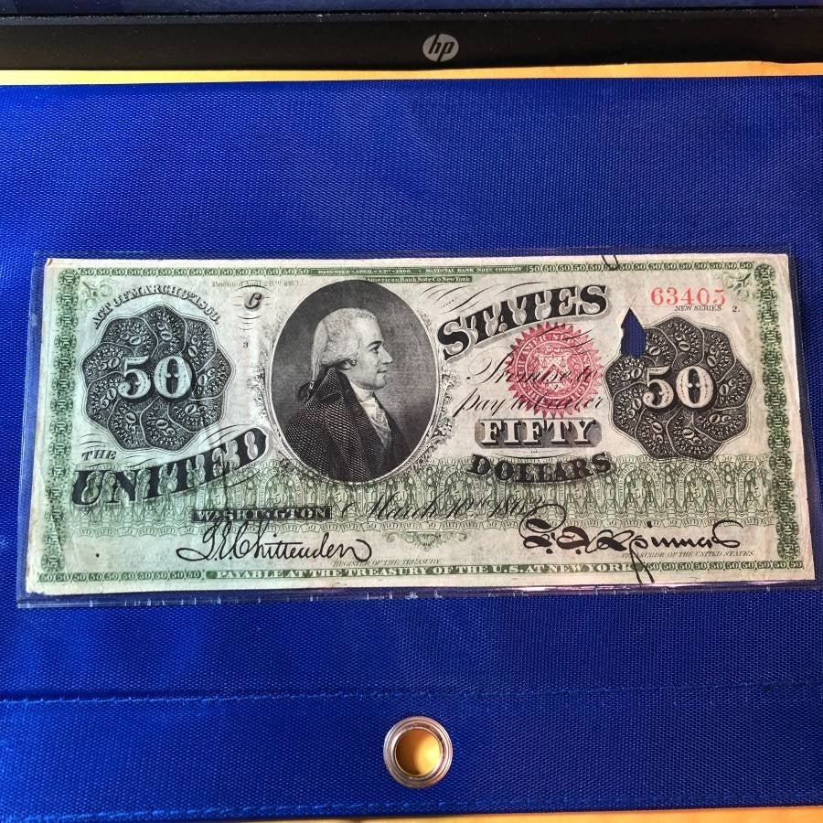 1863 $50 Legal Tender. Fr#150a / Serial Number 63405...: 1863 $50 Legal Tender. Fr#150a / Serial Number 63405. Signatures of Chittenden and Spinner. Graded as Pictured Preowned from an Estate. Fr. 150a is an Extreme Rarity Treasury Banknote with only 7-10 e
