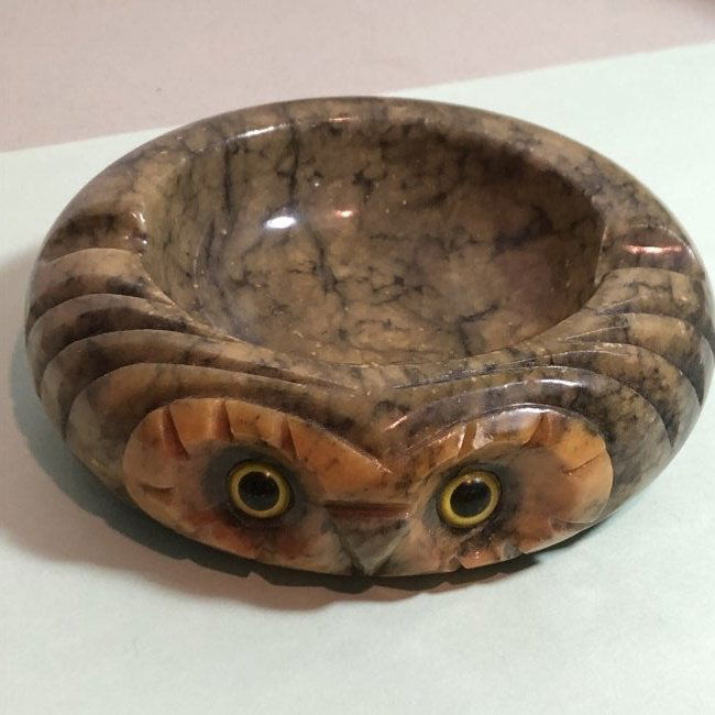 Vtg Italian Alabaster Marble Stone Carved Owl Ashtray.. (1 of 4)