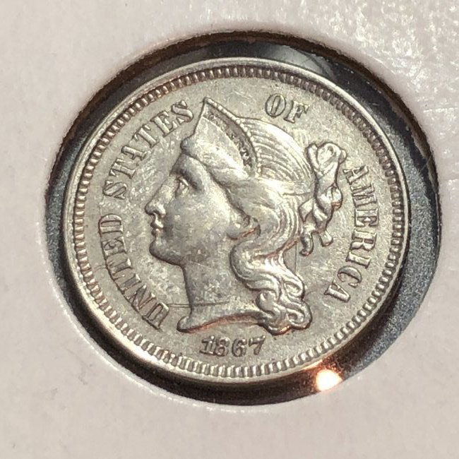 1867 AU CONDITION/CLEANED THREE CENT NICKEL TYPE COIN (1 of 2)