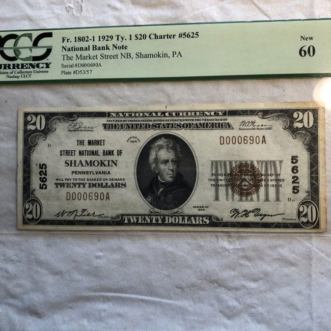PCGS Certified 1929 Shamokin, Pa $20 National Bank Note (1 of 6)