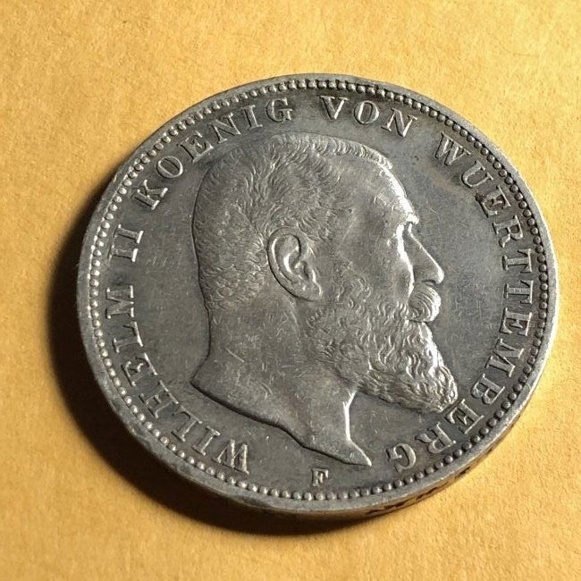 GERMAN STATES WURTTEMBERG 1909-F SILVER 3 MARKS EF COND (1 of 2)